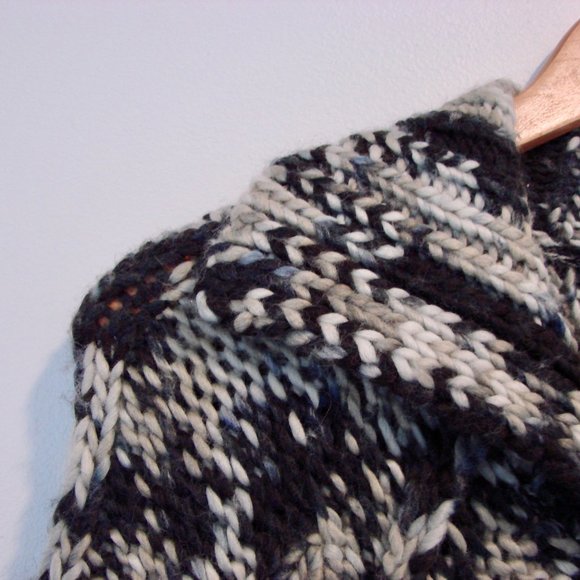 Chunky Knit Wool Cardigan Sweater 3/4 Sleeve Black Cream Gray Size Large - Picture 5 of 15
